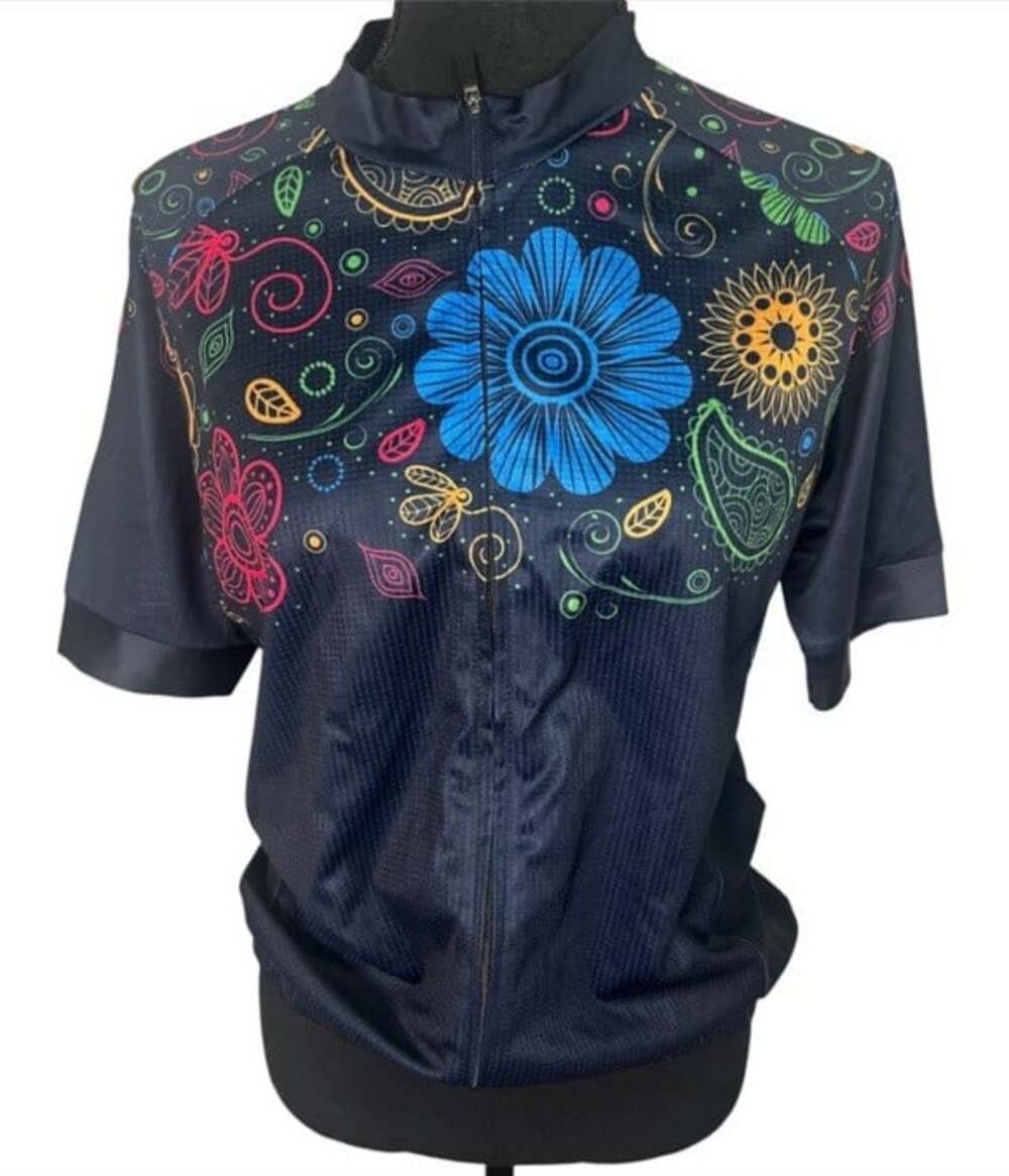 Weimostar Womens Floral Cycling Jersey Sz L Full-Zip Short Sleeve Pockets Navy